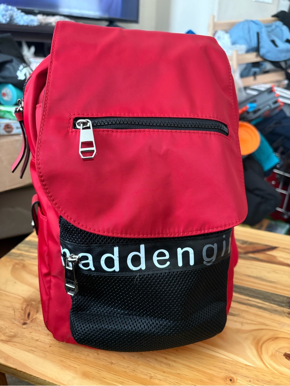 Madden Girl Red Nylon Backpack with Black Mesh Pocket